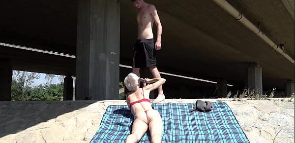  Pixie grandma swallows young cock beneath bridge